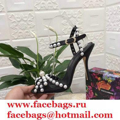 Dolce  &  Gabbana Heel 10.5cm Satin Sandals Black with Pearl Application 2021